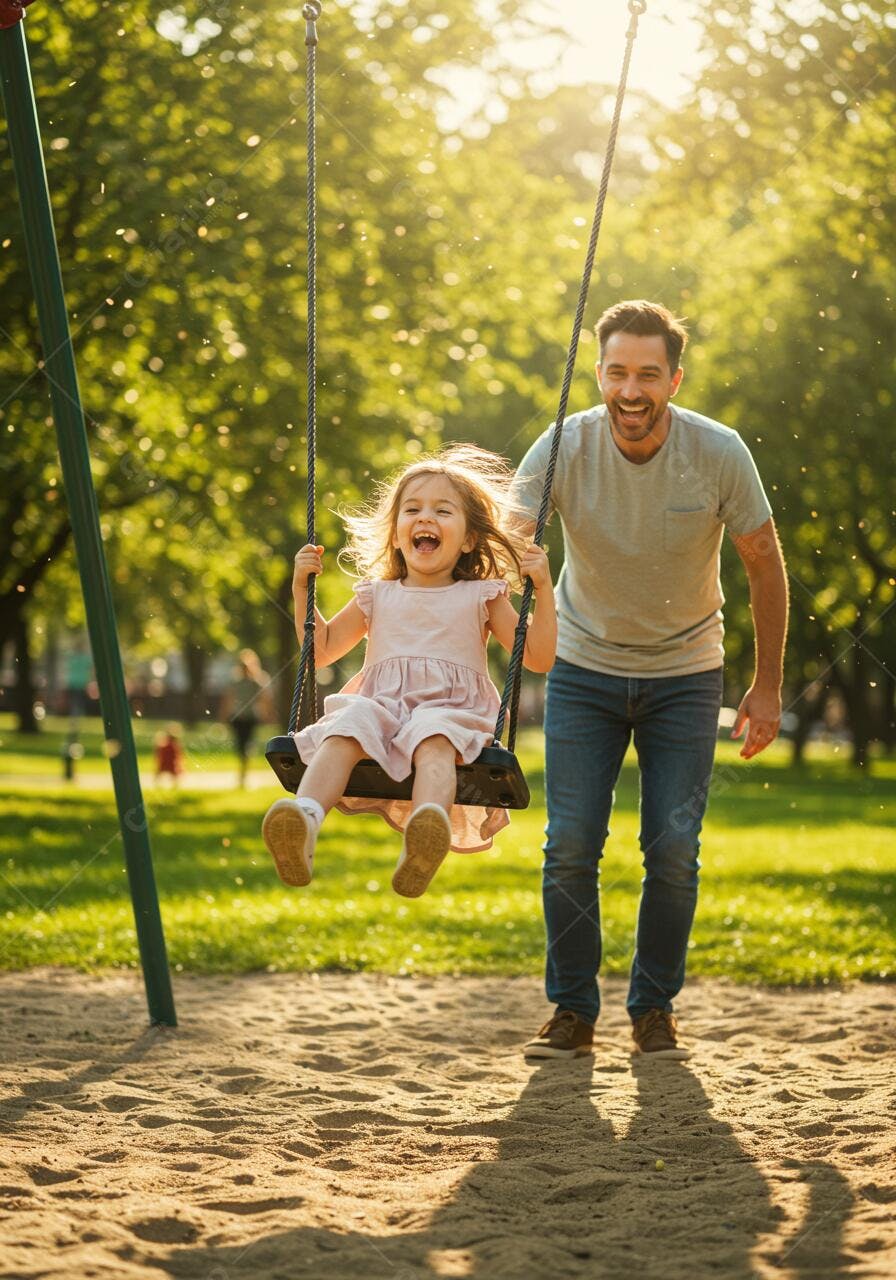Pai e filha no balanço parque ensolarado