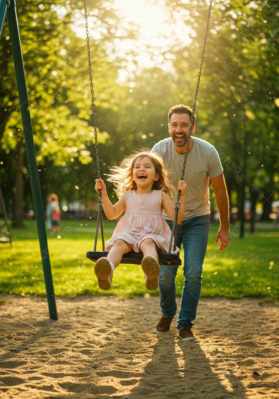 Pai e filha no balanço em parque ensolarado