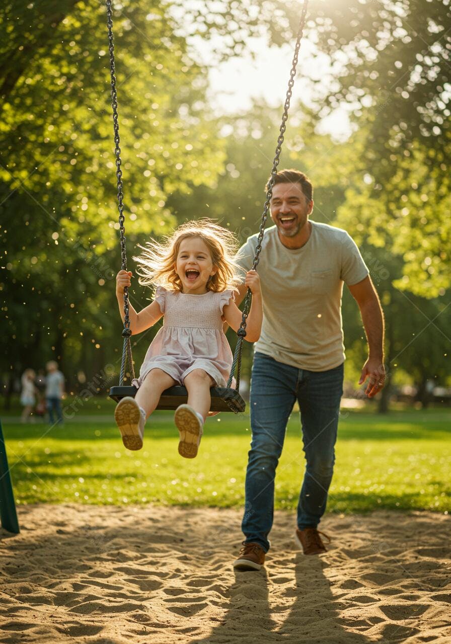 Pai empurra filha no balanço num parque ensolarado