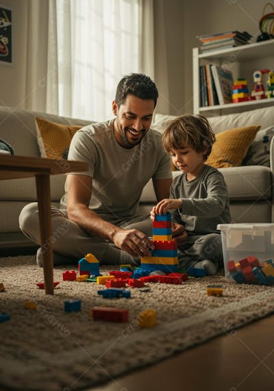 Pai e filho brincando com blocos coloridos em casa