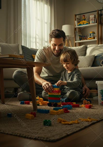 Pai e filho brincando com blocos coloridos em casa