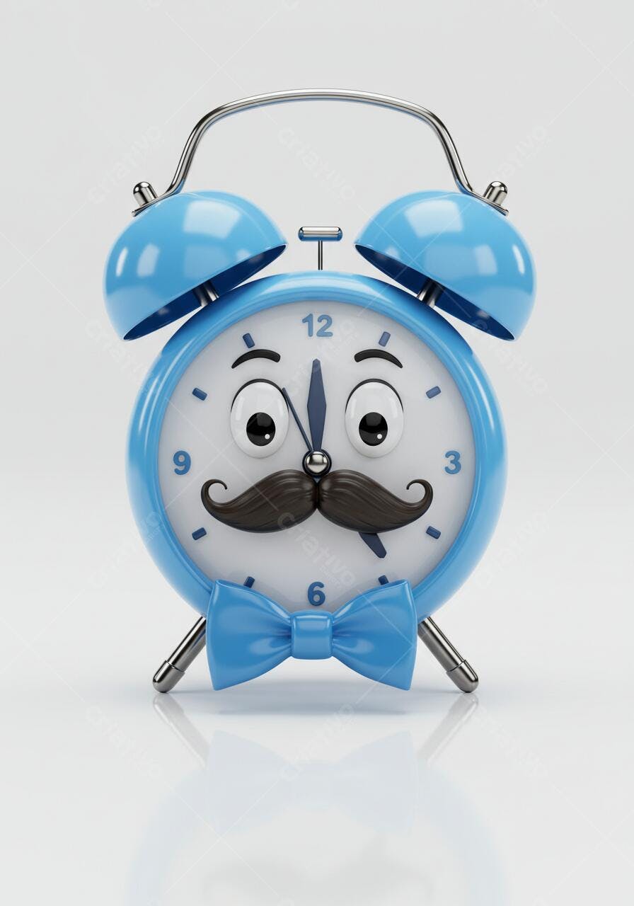 Relógio despertador azul com bigode e gravata borboleta