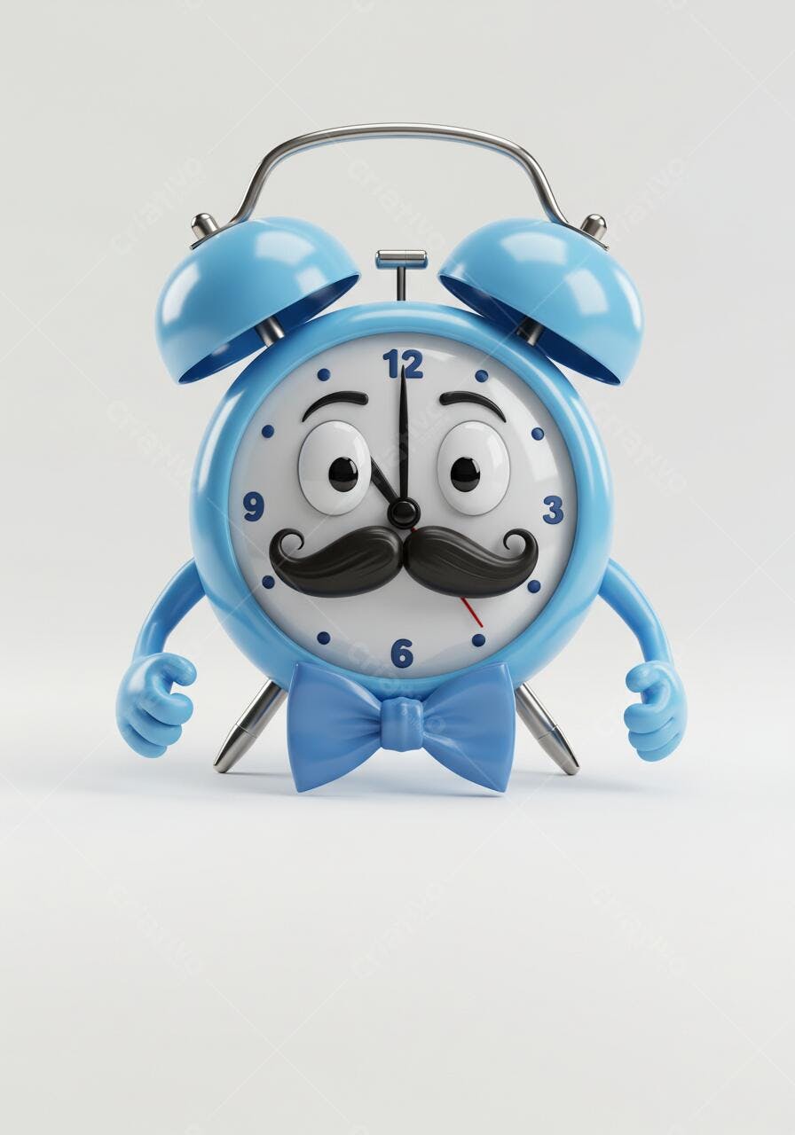 Relógio despertador azul com bigode e gravata borboleta