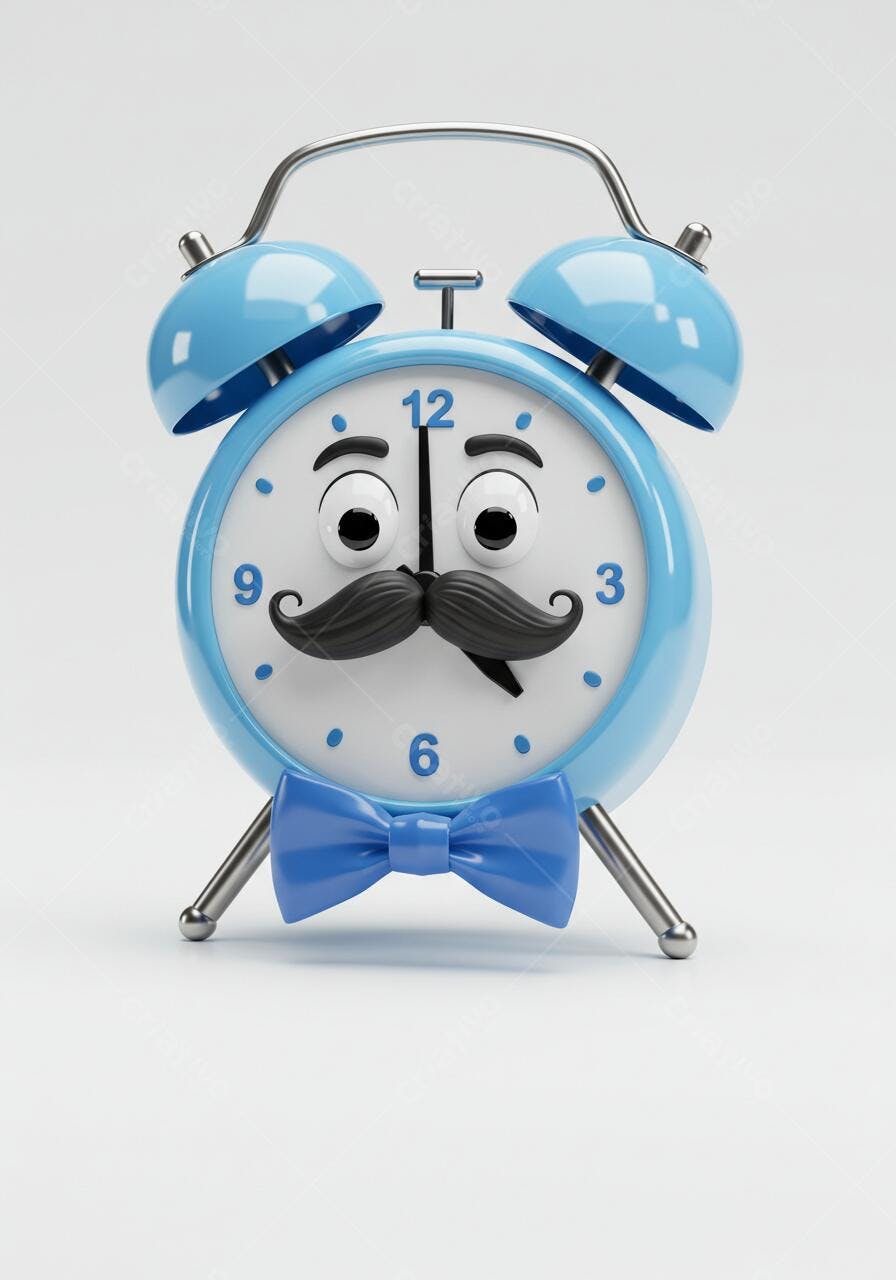 Relógio despertador azul com bigode e gravata borboleta