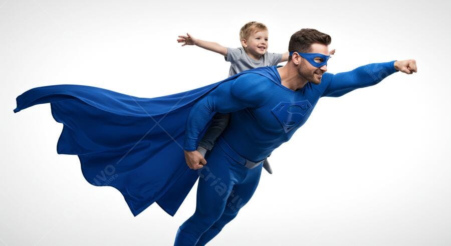 Super-herói azul voando com criança