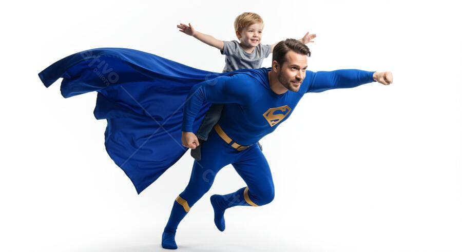 Pai super-herói voando com seu filho