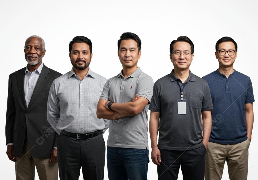 Grupo de homens diversos em fundo branco