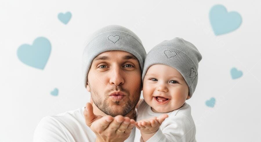 Pai e filho com gorros cinza claro se beijando