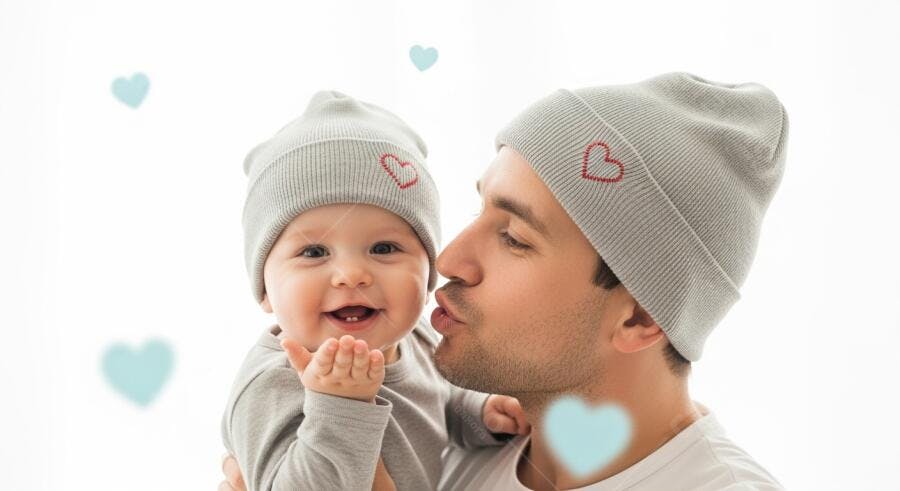 Pai beijando bebê com gorros cinza