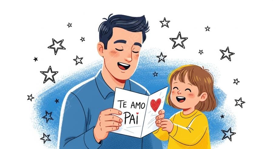 Pai e filha lendo cartão Dia dos Pais