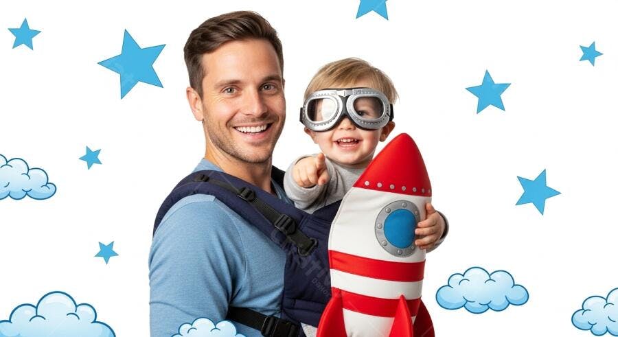 Pai e filho com foguete azul e vermelho