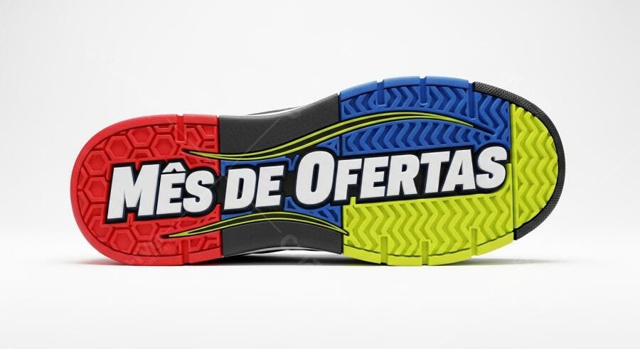 Solado de tênis Mês de Ofertas vermelho azul e amarelo