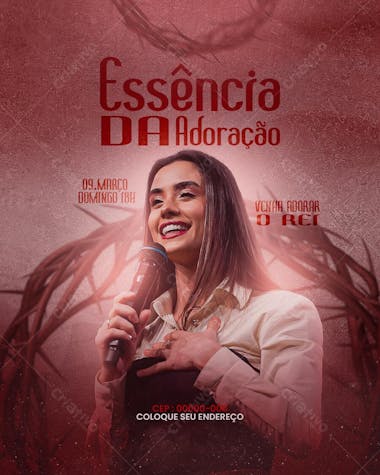 Red and white flyer featuring a woman singing into a microphone. Perfect for promoting religious events, creating a faith-filled atmosphere. Target audience: churches and religious communities.