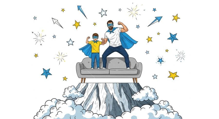 Pai e filho super-heróis em sofá na montanha