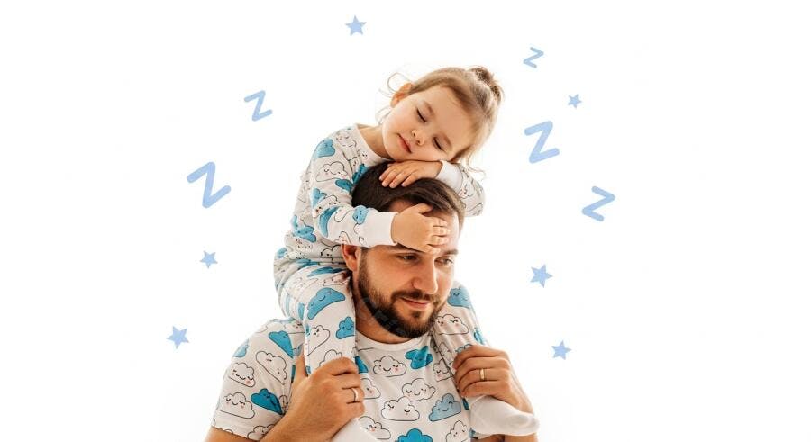 Pai e filha dormindo pijamas nuvem