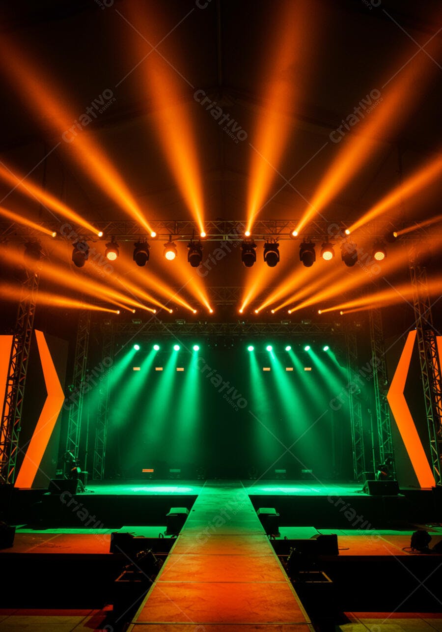 Palco iluminado com luzes verde e laranja