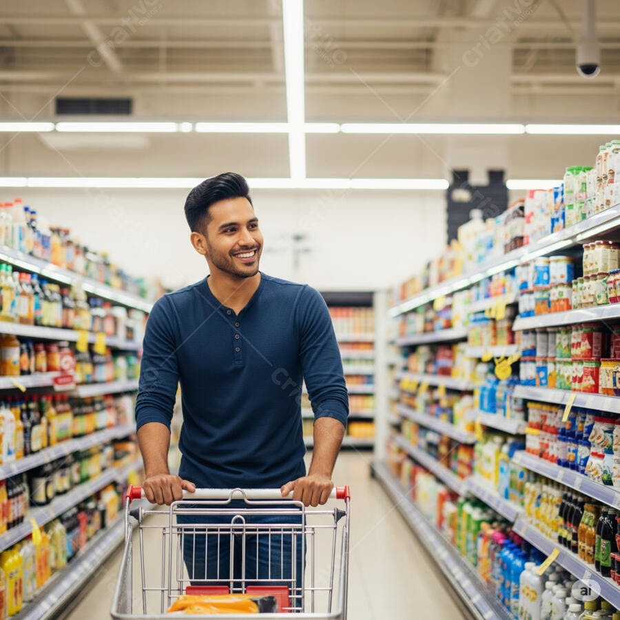 Homem sorrindo em supermercado com carrinho