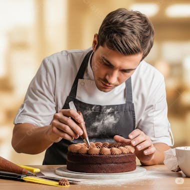 Image shows a Caucasian male pastry chef decorating a chocolate cake with brown frosting using a piping bag. Predominant colors are brown and light beige in the background. The atmosphere is professional and detail-oriented.