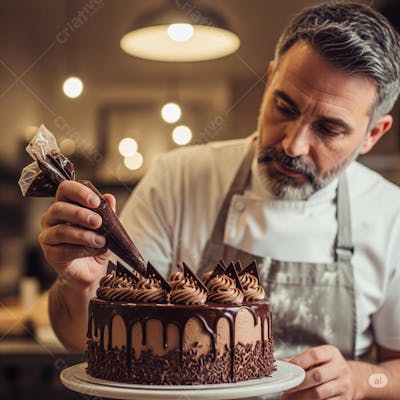 Imagem de um confeiteiro confeitando um lindo bolo