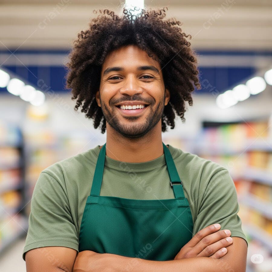 Funcionário sorrindo em supermercado