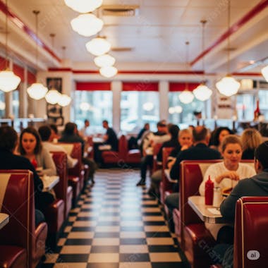 Image of a full American diner with people seated at red and white booths. The floor is black and white checkered. The atmosphere is cozy and busy, with soft lighting and warm colors.