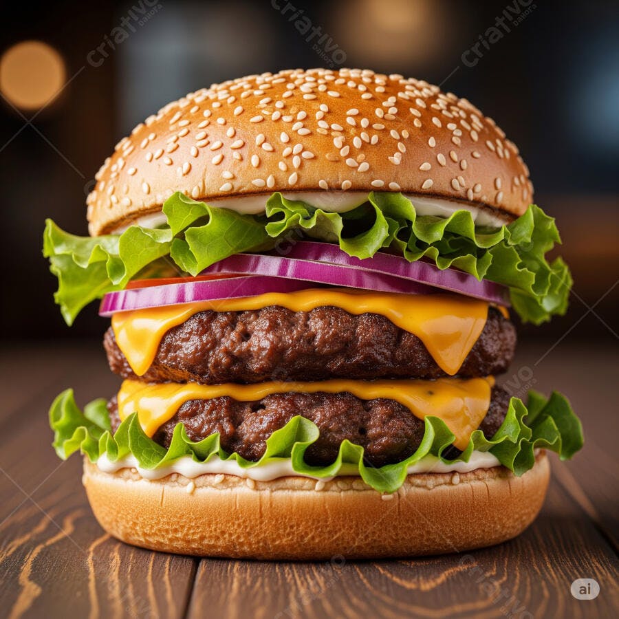 Duplo Cheeseburger suculento com alface e cebola