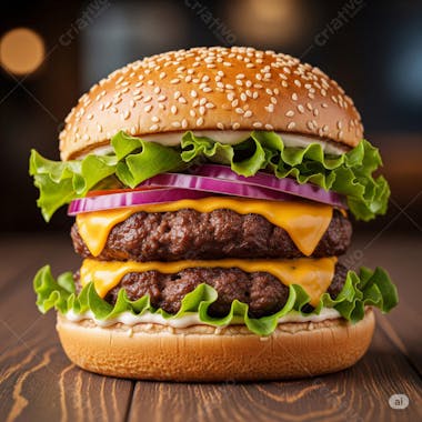 Image of a mouthwatering double cheeseburger on a dark wooden table. Vibrant colors, with the melted yellow-orange cheese contrasting against the green lettuce and purple onion. The atmosphere is inviting, composition focuses on the burger, highlighting its texture and ingredients.