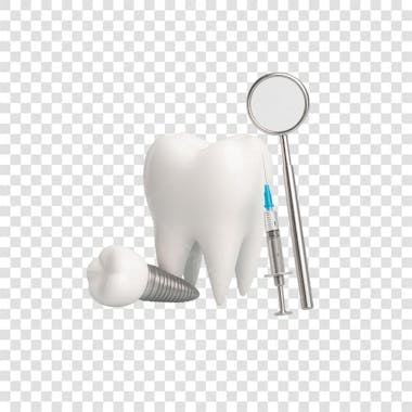 3D mockup of a tooth, dental implant, syringe, and dental mirror. Predominantly white and metallic colors. Fully transparent background for easy layering into your projects. Perfect for dental marketing materials.