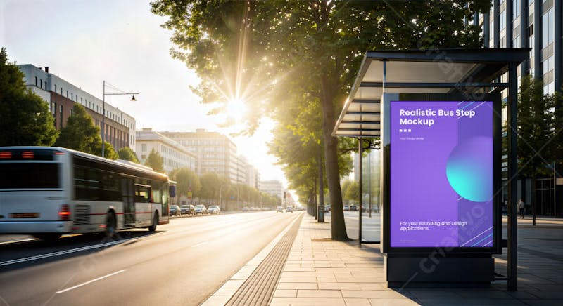 High-quality mockup showcasing a vibrant ad design on a modern bus stop in a city setting at sunrise.  Features a purple and teal color scheme, minimalist style, and photorealistic rendering. Perfect for branding and marketing presentations.