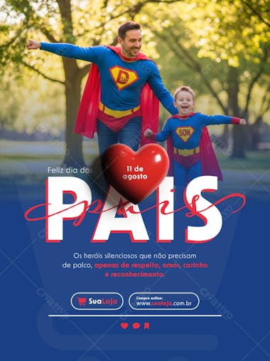 Father's Day flyer featuring a superhero design. Vibrant colors (blue, red and white), parents and children in superhero costumes, 3D red heart. Perfect for social media, shops and marketing agencies.