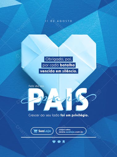 Father's Day PSD template with a modern, blue geometric design. Features an origami heart and a message of gratitude. Perfect for social media, blogs, or websites. Soft and elegant colors, target audience: children honoring fathers.