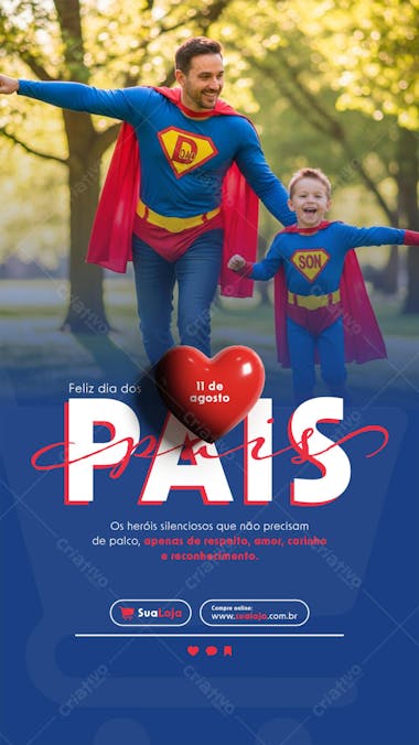 Vibrant blue and red flyer featuring fathers and sons dressed as superheroes. Modern and fun style, perfect for stores, social media, and Father's Day marketing campaigns. Target audience: fathers, sons, and businesses who want to celebrate fathers.