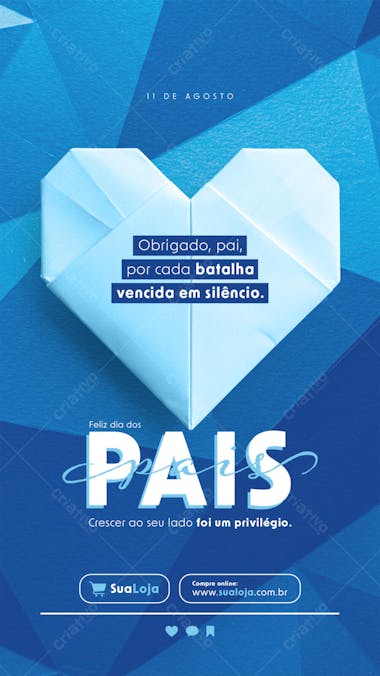 Modern Father's Day flyer template in blue and white. Features an origami heart design, conveying love and appreciation. Perfect for social media, print, and businesses targeting filial gratitude.