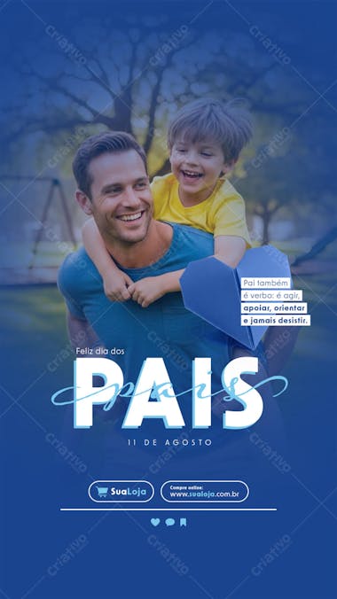 Father's Day flyer design featuring blue and yellow colors, a photo of a smiling father and son in an outdoor setting. Modern, clean style perfect for social media, print, and in-store promotions.