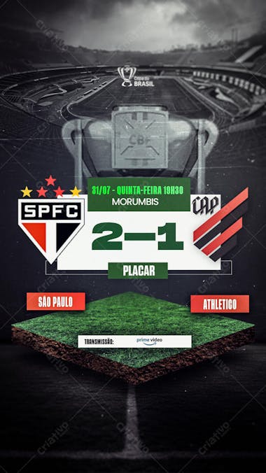 Vintage-style flyer in shades of gray and green, showcasing the score of a São Paulo vs Athletico Paranaense soccer match (2-1). Perfect for soccer fans, social media, and sports websites. Create impactful posts!