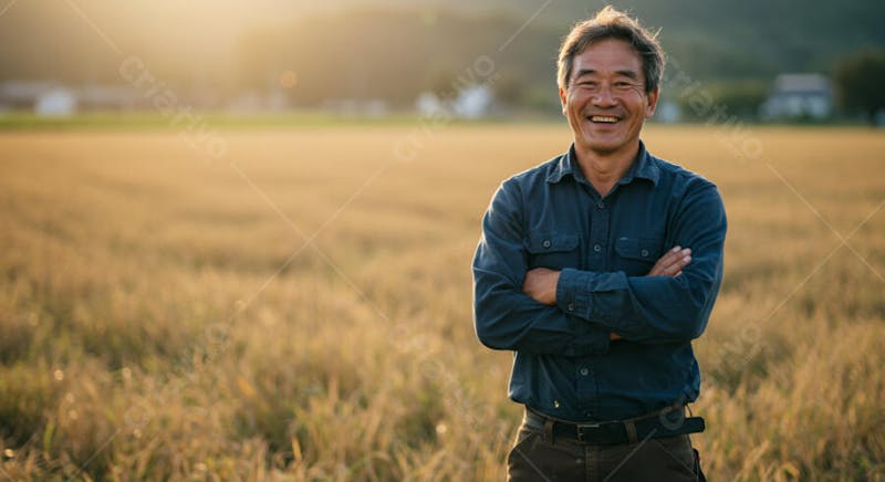 Image of a middle-aged Asian farmer, smiling with arms crossed, in a golden wheat field at sunset. Warm colors and golden hues dominate. The atmosphere is calm and positive.