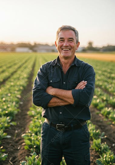 Image of a middle-aged, cheerful farmer with arms crossed in a lush green field at sunset. Warm colors and earthy tones prevail. The atmosphere is one of peace and success.
