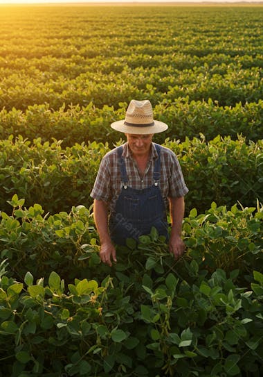 Vertical image of a senior light-skinned farmer wearing a straw hat and overalls inspecting his soybean crop. Warm golden and green tones prevail in a calm and bucolic atmosphere at sunset.