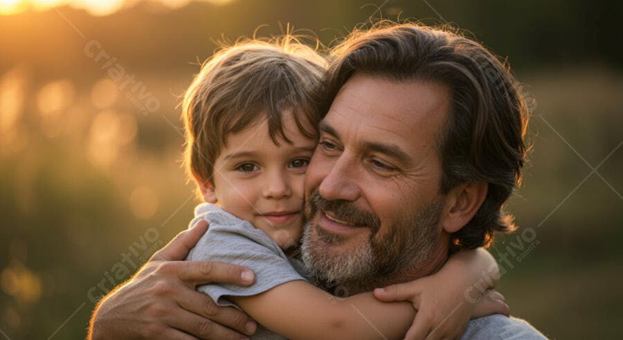 Pai e filho abraçados ao entardecer