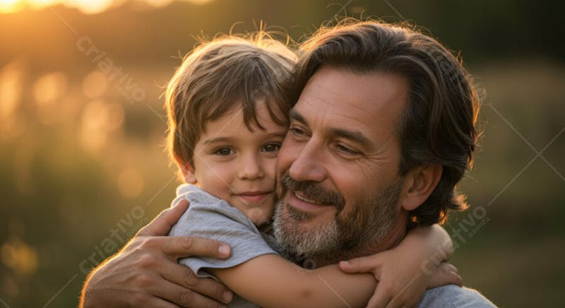 Image of a father and his son embracing in a field at sunset. Warm tones of yellow and orange are predominant. The scene conveys love and affection, focusing on happy faces and expressions. The composition is close and intimate.