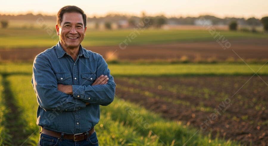 Fazendeiro asiático sorridente em campo no pôr do sol