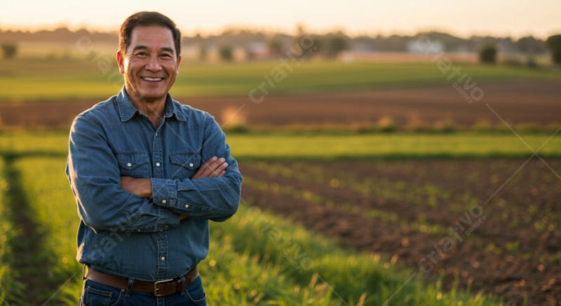 Image of a middle-aged Asian farmer, arms crossed, smiling at the camera. Warm golden and orange sunset hues, blurred background of green and brown fields. Calm and positive atmosphere.