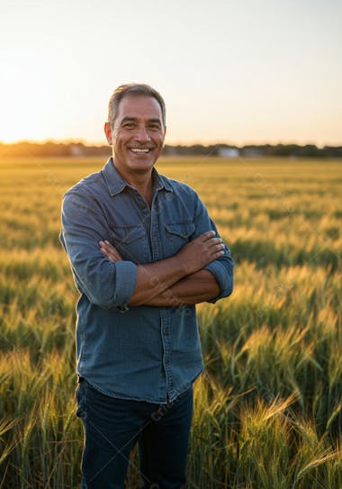 A middle-aged Hispanic man, wearing a denim shirt and arms crossed, smiles at the camera in a golden wheat field at sunset. Warm tones of yellow, orange and blue dominate the image. The composition is simple, focusing on the farmer.