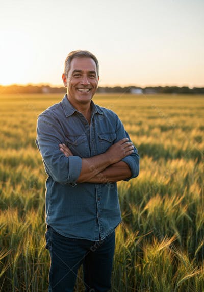 Imagem de um agricultor em uma plantação de trigo