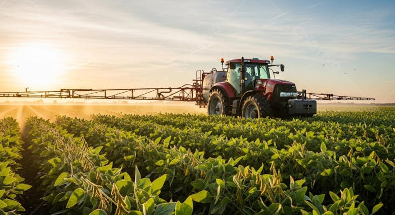 Image of a red tractor spraying a soybean field at sunrise. Orange and yellow hues of the rising sun contrast with the green of the plantation. Peaceful and productive atmosphere.