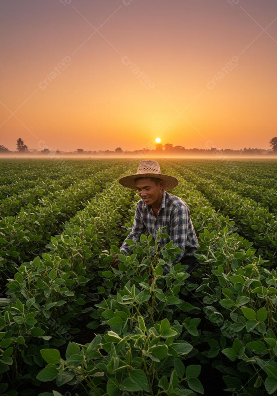 Fazendeiro sorrindo em plantação de soja ao amanhecer