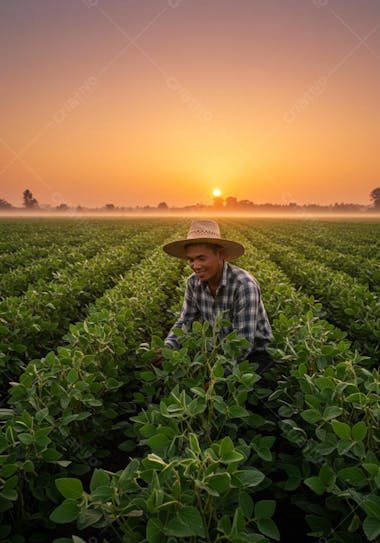 Image of a smiling Asian farmer inspecting his soybean crop at sunrise. Warm orange and yellow hues in the sky contrast with the vibrant green of the plants. The atmosphere is serene and peaceful.