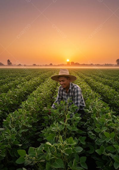 Uma linda imagem de um agricultor em meio a uma lavoura de soja