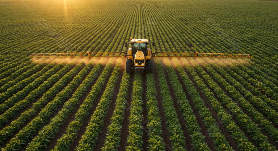 Trator pulverizando plantação ao pôr do sol