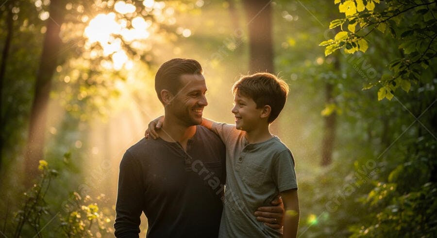 Pai e filho sorrindo na floresta ao entardecer